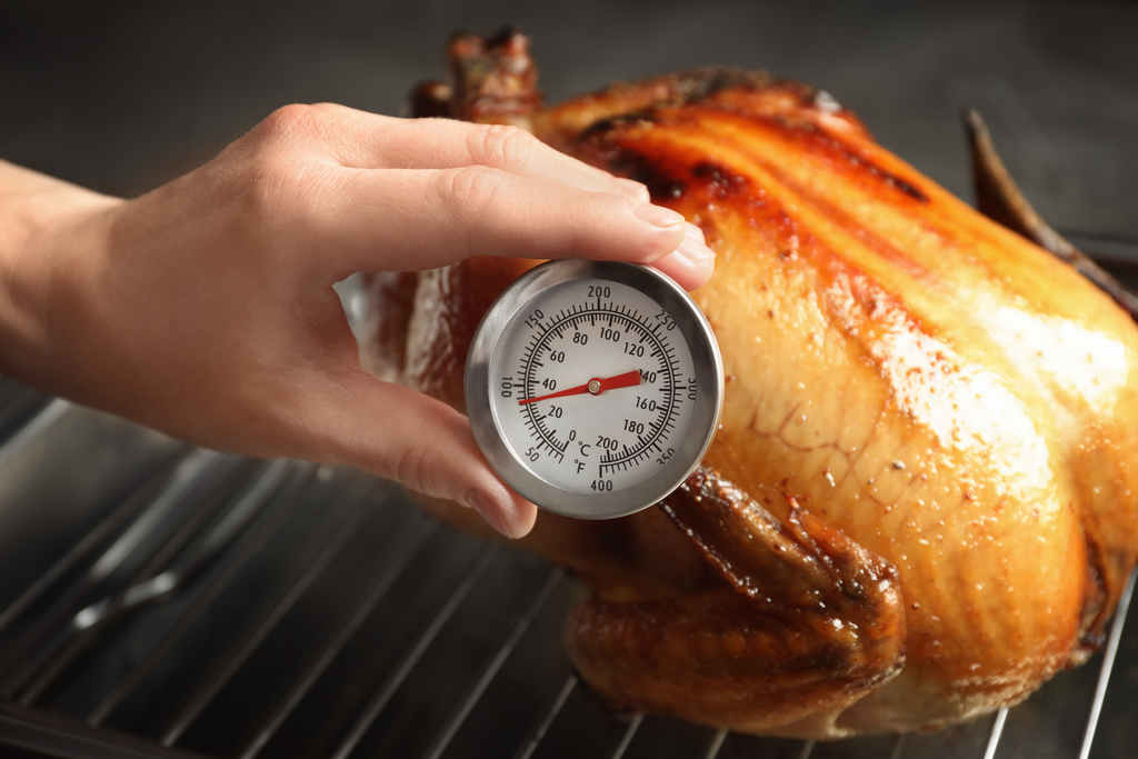 Close-up of meat thermometer in cooked turkey, showing safe internal  temperature for poultry, during the preparation of a traditional American  Thanksgiving holiday meal, San Ramon, California, November 23, 2019 Stock  Photo - Alamy